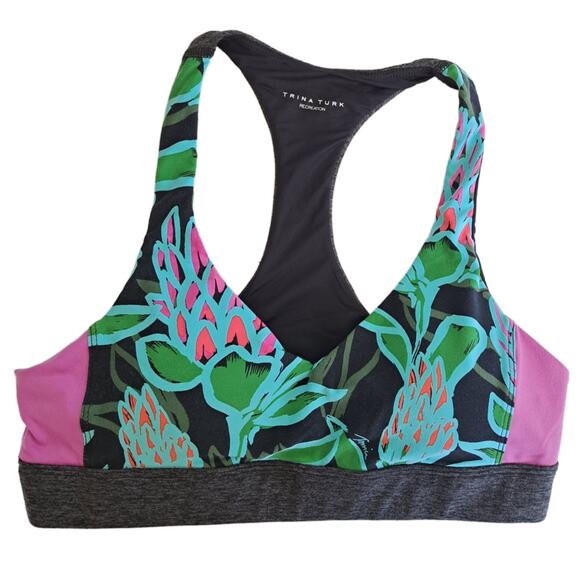 Trina Turk Sports Bra Size Large Racerback Bright Floral Gray Pink Aqua - Picture 7 of 8